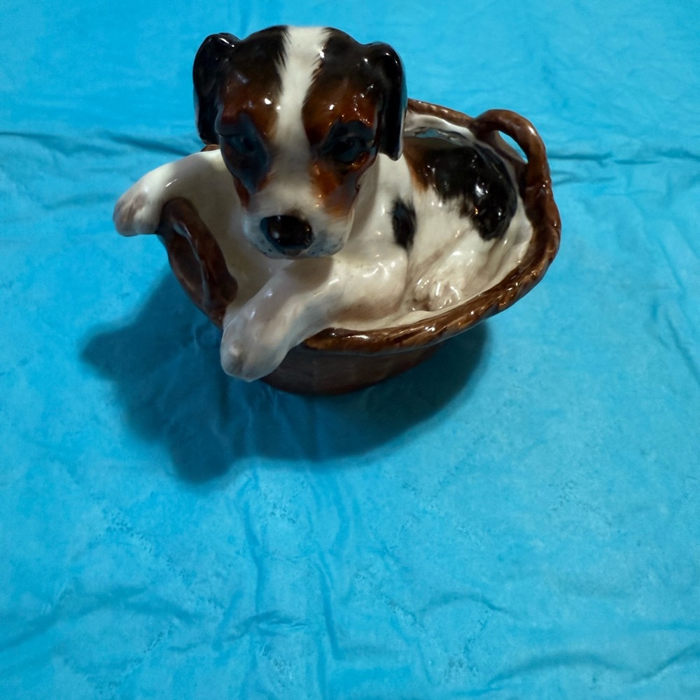 Vintage Royal Doulton England Figure Terrier  Dog Sitting in a Basket.